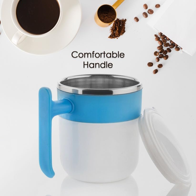 RF REDFOXX Stainless Steel Insulated Travel Mug, 300ml, Double Wall Design with Lid and Handle, White and Blue