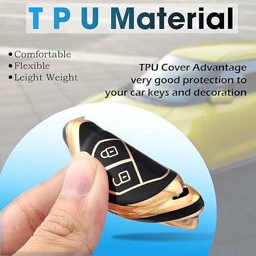 TPU Car Key Cover for Maruti Suzuki 2-Button Smart Key – Compatible with Swift, Baleno, Alto, Dzire, Ertiga, Wagon R, Brezza & More – Protective Key Case (Black/Golden)