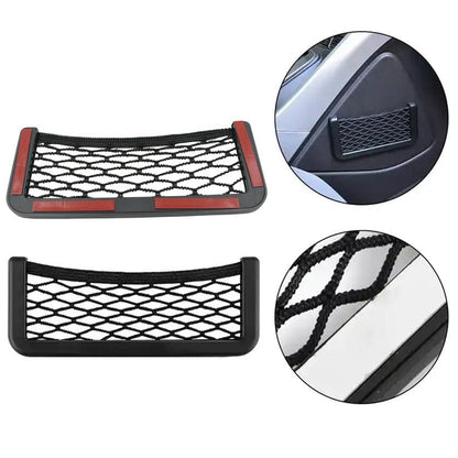Car Storage Organizer Net Bag | Stick-On Mesh Pocket for Car Seat, Side Door & Dashboard | Phone, Purse & Small Item Holder