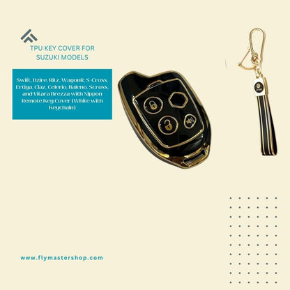 TPU Key Cover for Suzuki Models: Swiift, Dziire, Rittz, WagoonR, S-Cross, Ertigaa, Ciazz, Celeerio, Balleno, Scrross, and Vitarra Brezza with Nippon Remote Key Cover (Black with Keychain).