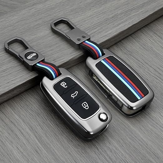 Metal Silicone Key Cover Compatible with Hyundai i10 & i20 (Old Model) | 3 Button Flip Key Case | Full Metal Protection with Low-Light Visibility Feature | Black (Pack of 1)