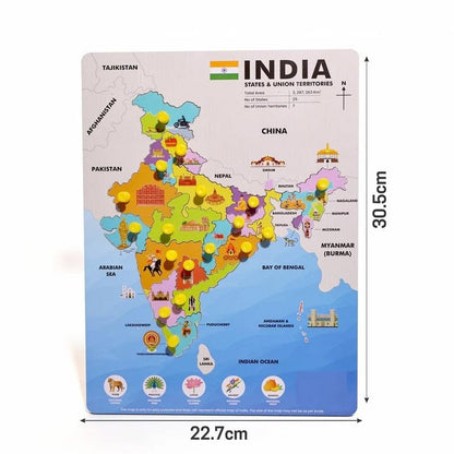 India Map Wooden Puzzle for Kids | States & Capitals Learning Board with Knobs | Educational Geography Toy | 18 Piece Wooden Jigsaw Puzzle for Children (Ages 4–10)