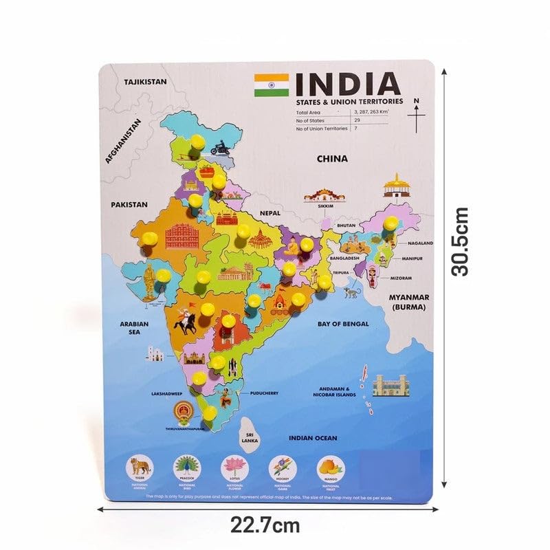 India Map Wooden Puzzle for Kids | States & Capitals Learning Board with Knobs | Educational Geography Toy for Children | 18 Piece Wooden Jigsaw Puzzle (Ages 4–10)