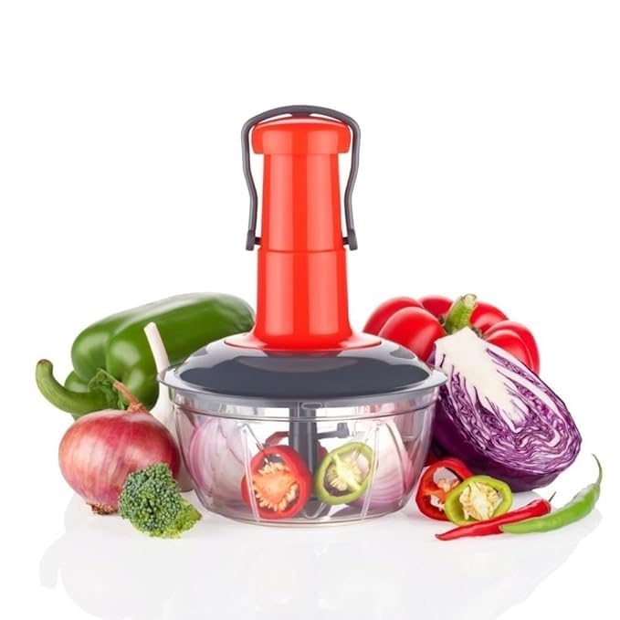 Hand Press Push Chopper for Vegetables & Fruits – 650ml Capacity, 3 Sharp Stainless Steel Blades, No Electricity Needed, Anti-Skid Base, Compact & Easy to Use – Color: Red