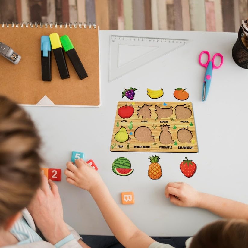 Wooden Fruits Puzzle Board (28×20 cm) | Educational Knob Puzzle for Kids | Montessori Learning Toy for Toddlers | Shape & Color Recognition Board (1 Set)