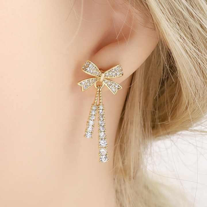 Crystal Bow Drop Earrings, Filled, Zircon Stone Embellished, Women's Fashion Jewellery