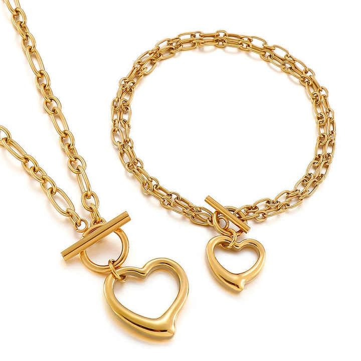RF REDFOXX Heart Charm Toggle Bracelet and Necklace Set, 18K Gold Plated Chain, Women's Fashion Jewellery