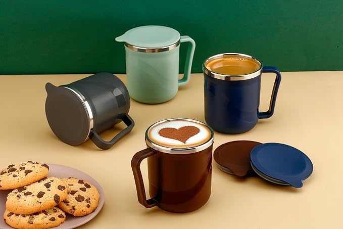 Insulated Stainless Steel Coffee Mug with Lid – 300ml Double Wall Tea & Milk Mug for Home, Office, Restaurant – Stylish, Leakproof, Drinkware Gift (1 Pc,)