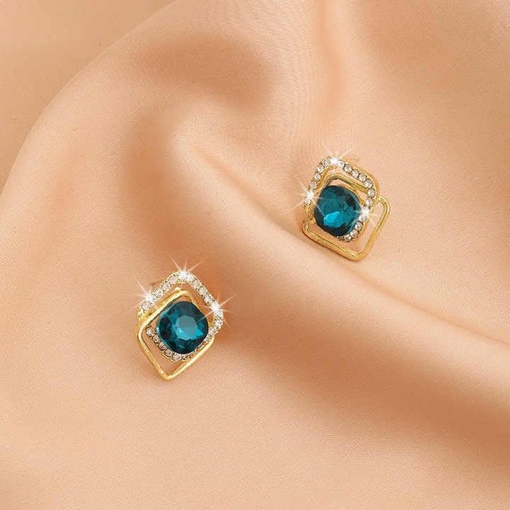 Crystal Square Stud Earrings, Gold-Plated with Turquoise Blue Stone and Rhinestones
