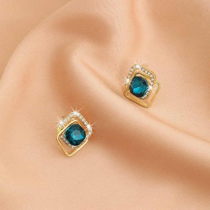 Crystal Square Stud Earrings, Gold-Plated with Turquoise Blue Stone and Rhinestones
