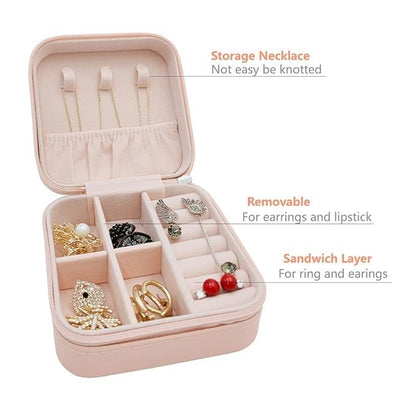 RF REDFOXX Leather Mini Jewelry Travel Case Small Portable Jewelry Organizer Box for Rings, Earrings & Necklaces Compact Travel Storage Organizer with Secure Closure (Pink)