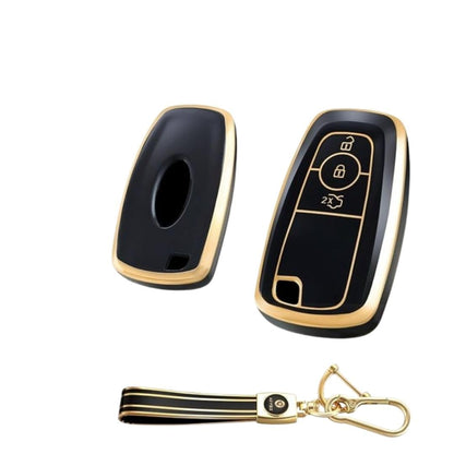 Stylish and Durable Soft TPU Leather Pattern Key Cover for Ford Ecosport, Aspire, Freestyle, and Endeavour Push Button Start Keys: Black with Keychain.