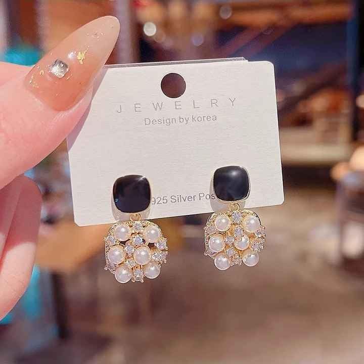 Pearl Drop Earrings, Black Square Stud, Gold-Plated Crystal Hypoallergenic Jewellery for Women