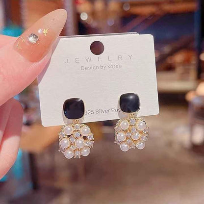 Pearl Drop Earrings, Black Square Stud, Gold-Plated Crystal Hypoallergenic Jewellery for Women