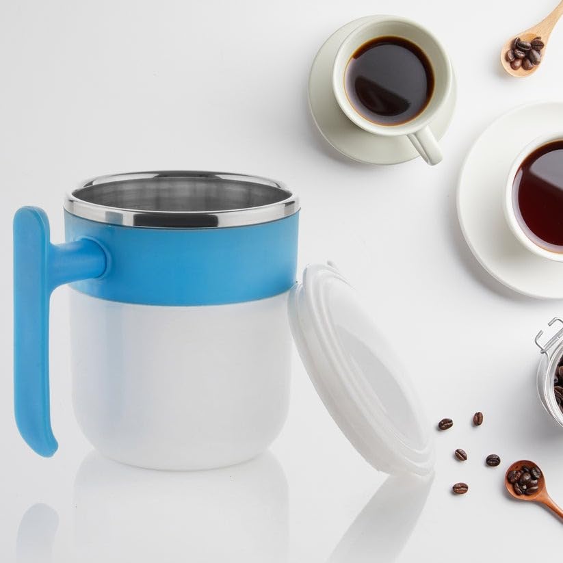 RF REDFOXX Stainless Steel Insulated Travel Mug, 300ml, Double Wall Design with Lid and Handle, White and Blue