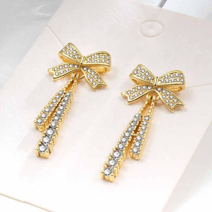 Crystal Bow Drop Earrings, Filled, Zircon Stone Embellished, Women's Fashion Jewellery
