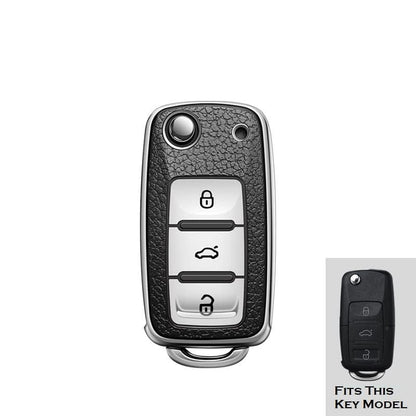 Soft TPU Leather Pattern Key Cover Compatible with Polo Vento Jetta Ameo Passat and Skoda Rapid Laura Superb Octavia Fabia Yeti Folding Key (Silver Black)