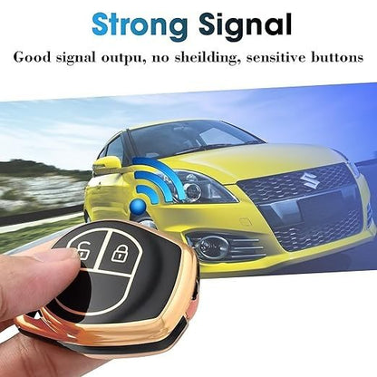 TPU Car Key Cover for Maruti Suzuki 2-Button Smart Key – Compatible with Swift, Baleno, Alto, Dzire, Ertiga, Wagon R, Brezza & More – Protective Key Case (Black/Golden)