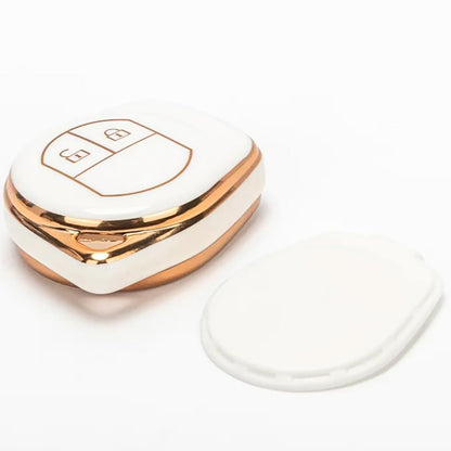 RF REDFOXX TPU Key Cover - 2 Button Car Key Protector for Alto, Alto K-10, Alto 800, Baleno, Brezza, Swift, Celerio, Dzire, Ciaz, Ignis - White Gold Edge