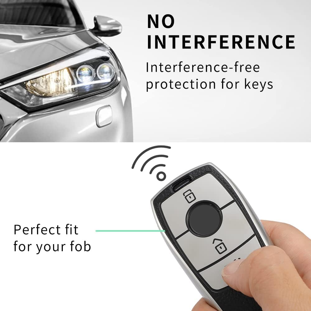 RF REDFOXX Car Key Cover and Keychain Compatible for Mercedes Benz Designed for Benz E Series Smart Key | Car Accessories Personal Style with Silver Cover.