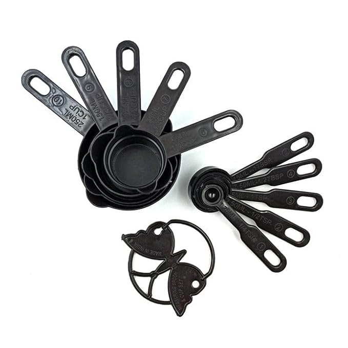 Precision in Style 11-Piece Black Plastic Measuring Cups and Spoons Set with Butterfly Shape Holder – Elegant and Functional Kitchen Essentials for Accurate Cooking and Baking