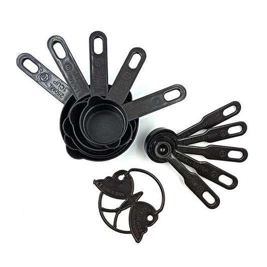 Precision in Style 11-Piece Black Plastic Measuring Cups and Spoons Set with Butterfly Shape Holder – Elegant and Functional Kitchen Essentials for Accurate Cooking and Baking