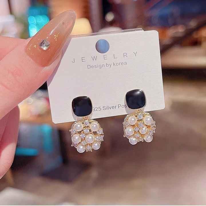Pearl Drop Earrings, Black Square Stud, Gold-Plated Crystal Hypoallergenic Jewellery for Women