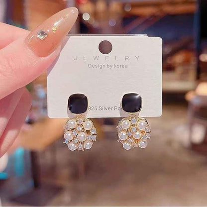 Pearl Drop Earrings, Black Square Stud, Gold-Plated Crystal Hypoallergenic Jewellery for Women