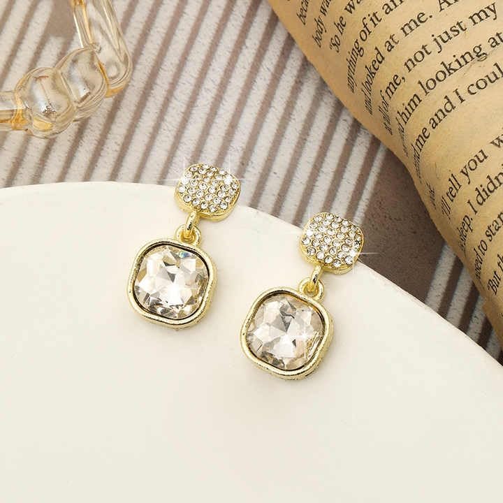 Crystal Drop Earrings, Gold-Plated Square Design, Zircon Pave Studs