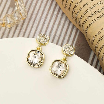 Crystal Drop Earrings, Gold-Plated Square Design, Zircon Pave Studs