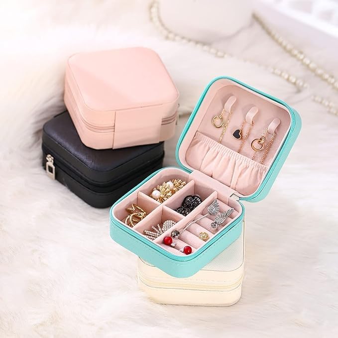 RF REDFOXX Leather Mini Jewelry Travel Case Small Portable Jewelry Organizer Box for Rings, Earrings & Necklaces Compact Travel Storage Organizer with Secure Closure (Pink)