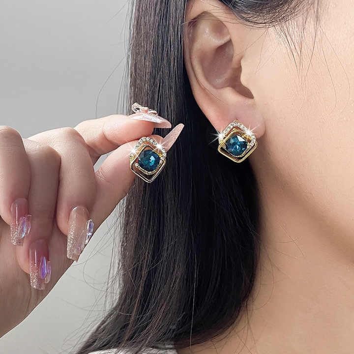 Crystal Square Stud Earrings, Gold-Plated with Turquoise Blue Stone and Rhinestones