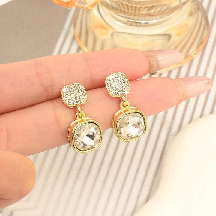 Crystal Drop Earrings, Gold-Plated Square Design, Zircon Pave Studs