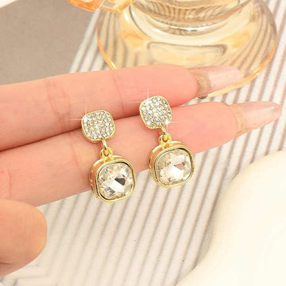 Crystal Drop Earrings, Gold-Plated Square Design, Zircon Pave Studs