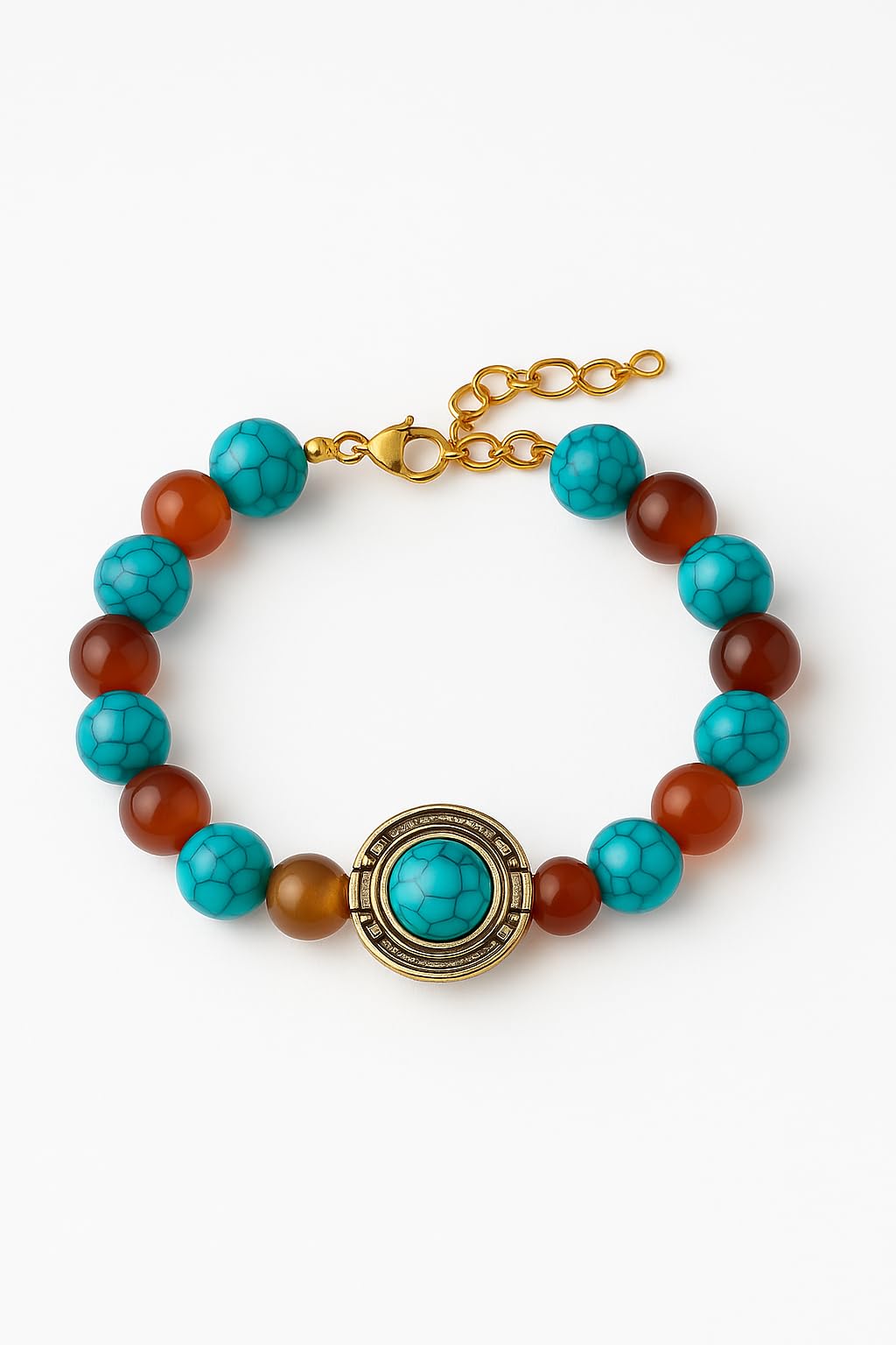 RF REDFOXX Handcrafted Turquoise and Amber Beaded Bracelet, Antique Silver Centrepiece, Gold-Tone Chain