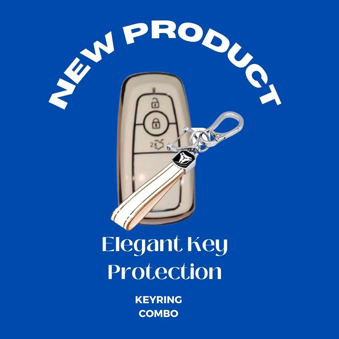 Stylish and Durable Soft TPU Leather Pattern Key Cover for Ford Ecosport, Aspire, Freestyle, and Endeavour Push Button Start Keys: White with Keychain.