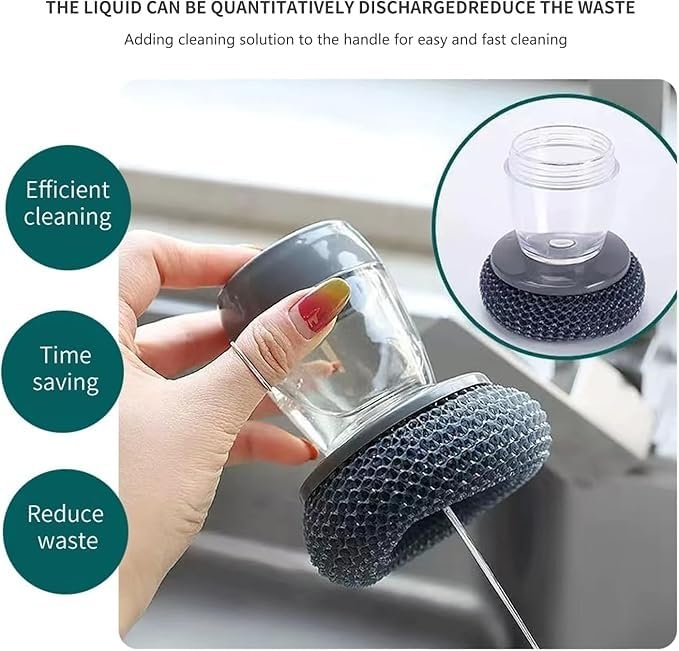 Soap Dispensing Dish Brush – Palm Brush for Effortless Cleaning, Liquid Filling Multifunctional Dishwasher, Kitchen Cleaning Gadget, Liquid Filling Steel Wire Ball (Pack of 1, Multicolor)
