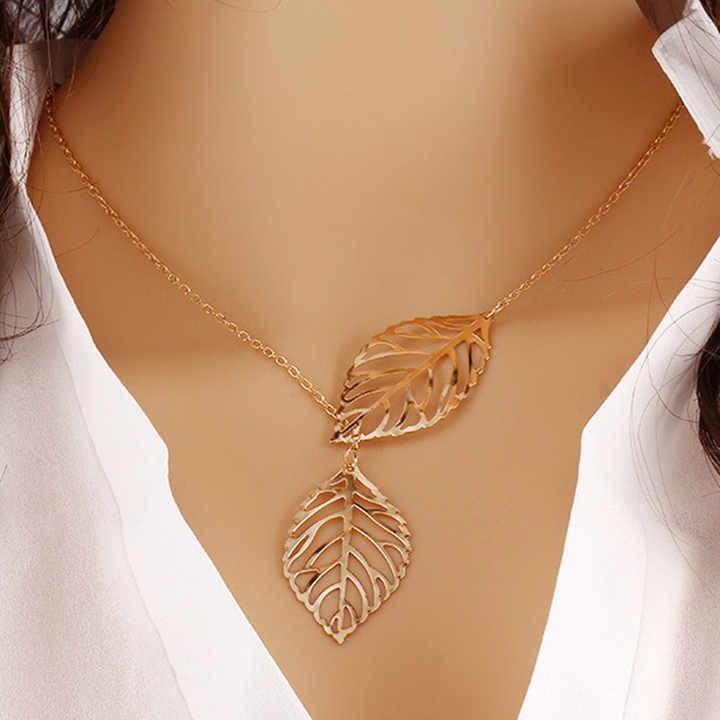 RF REDFOXX Elegant Double Leaf Pendant Necklace, Gold-Toned Chain, Fashion Jewellery for Women