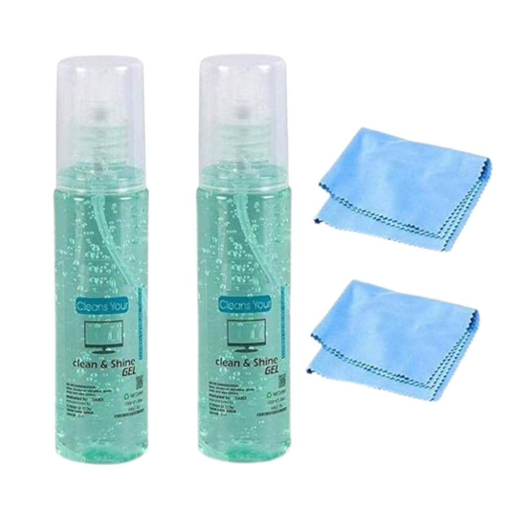 Clean & Shine Gel Multi-Purpose LCD Cleaning Kit –2 x 100ML Liquid Solution with Microfiber Cloth for Mobile, Laptop, Tablet, Computer, and Camera Screens.