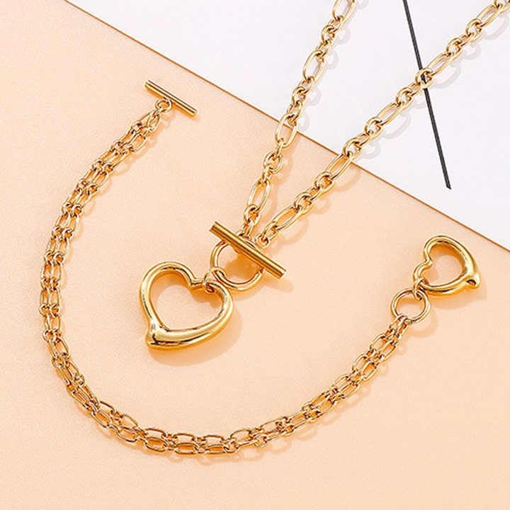 RF REDFOXX Heart Charm Toggle Bracelet and Necklace Set, 18K Gold Plated Chain, Women's Fashion Jewellery