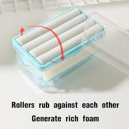 2-in-1 Portable Laundry Rolling Soap Box – Soap Bar Dispenser with Rubber Roller, Foaming Soap Saver, Drain Holes & Spring Mechanism – Travel Soap Holder (12.2L x 7.2W cm, Multicolor)