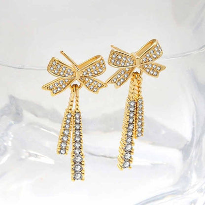 Crystal Bow Drop Earrings, Filled, Zircon Stone Embellished, Women's Fashion Jewellery