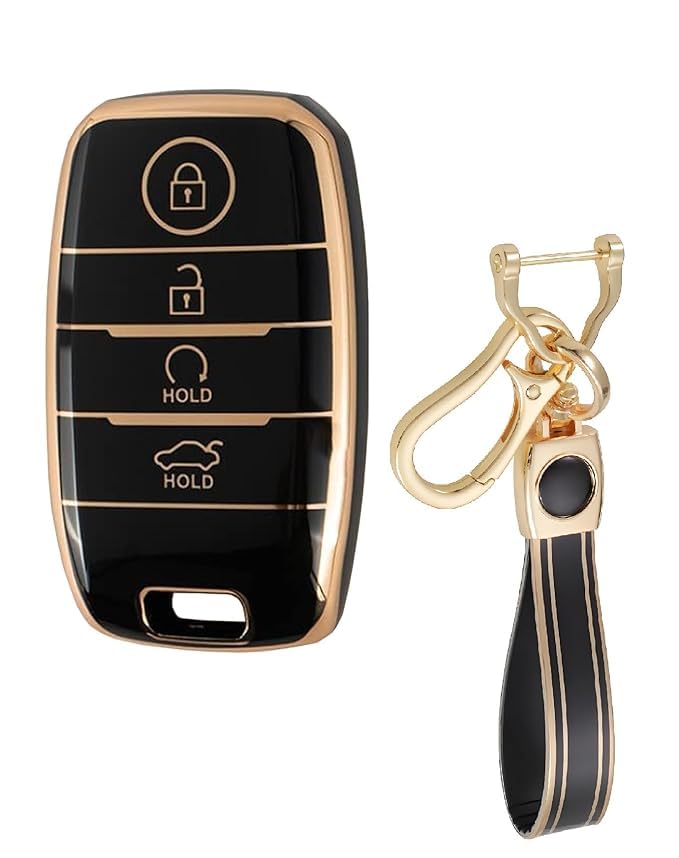 Key Cover, Key-Chain, TPU Key Cover, 4 Button Smart Key, Push Button Start Models, Compatible with Kia Seltos, Sonet, Carens, Gold Black