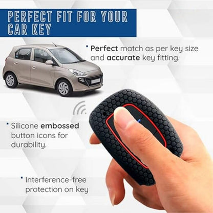 Silicone Key Cover for Elite I20, ActiveI20, Aura, Verrna 4s, Xceent, Tucson, Elantra 3 Button Smart Key (Push Button Start Models only) (Black with KC Mini Black Keyring).