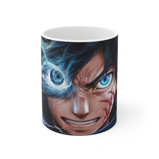 RF REDFOXX Anime Art Ceramic Coffee Mug, 350 ml, White, Premium Design with Blue Lightning Effect