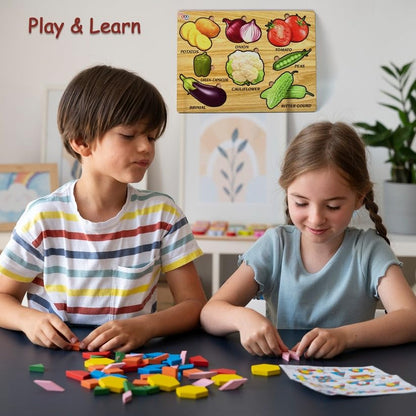 Wooden Vegetable Puzzle Board (28×20 cm) | Montessori Educational Toy for Kids | 7 Pcs Knobbed Shape Matching Puzzle | Learning Board for Toddlers Age 2–5 Years