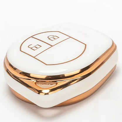 RF REDFOXX TPU Key Cover - 2 Button Car Key Protector for Alto, Alto K-10, Alto 800, Baleno, Brezza, Swift, Celerio, Dzire, Ciaz, Ignis - White Gold Edge