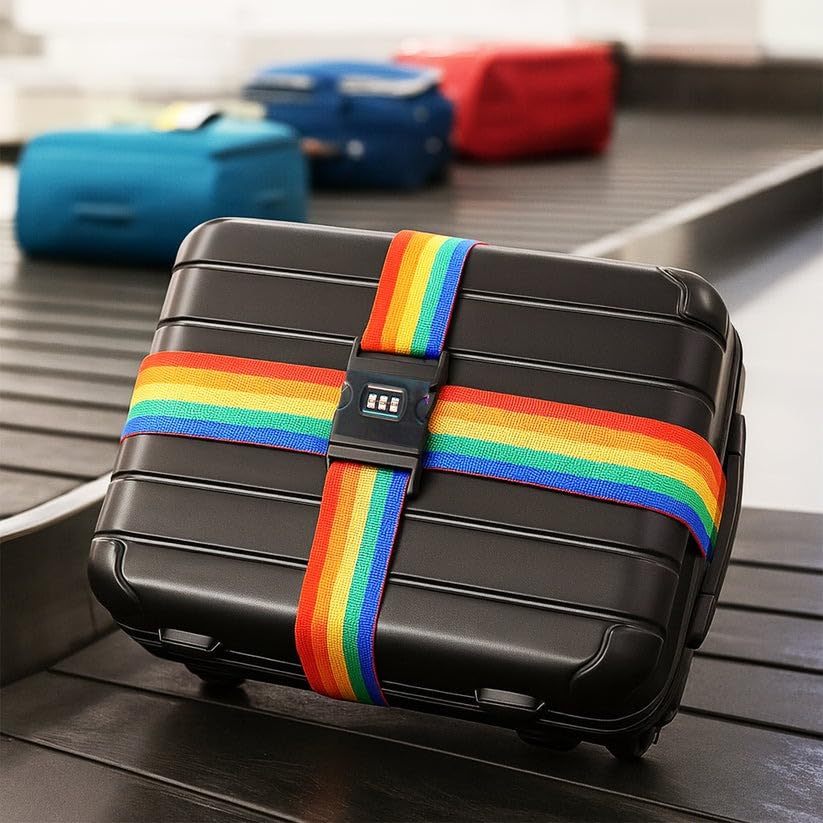 Rainbow Travel Luggage Strap with TSA Combination Lock, Heavy Duty Nylon Security Belt, Adjustable Suitcase Band for Trolley Bags, Model TGLS-001