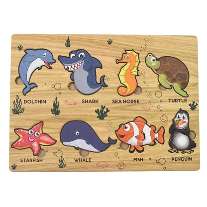 Seawater Animal Wooden Puzzle Board for Kids | Ocean Theme Educational Learning Toy | Montessori Knob Puzzle for Toddlers | Early Learning & Skill Development (1 Set)