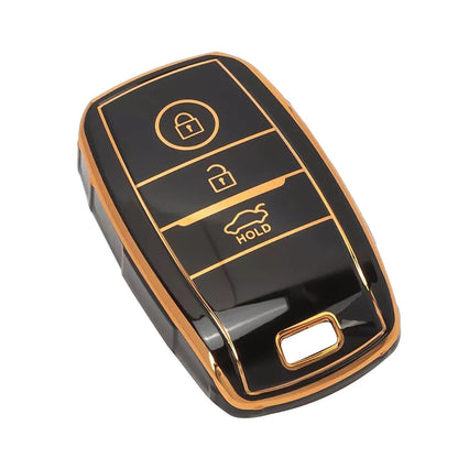 RF REDFOXX Soft TPU Premium Car Key Cover Compatible for Kia Seltos, Sonet, Carens 2020, 2021, 2022, 2023 3 Button Smart Key (Black with Golden)